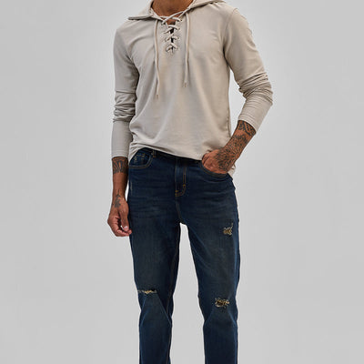Beige Lace-Up Textured Hoodie
