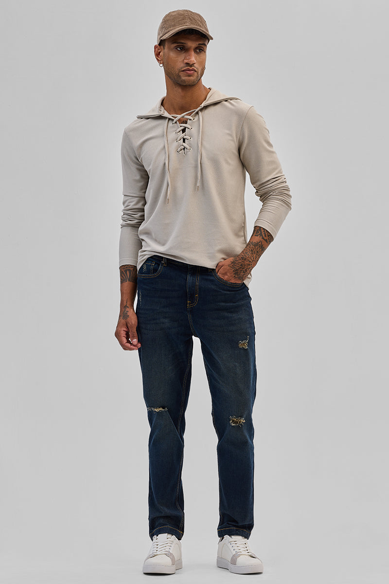Beige Lace-Up Textured Hoodie