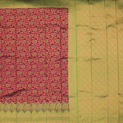 Maroon Semi banaras jute cotton saree features floral vine, contrast zari design border & pallu of intricate designs