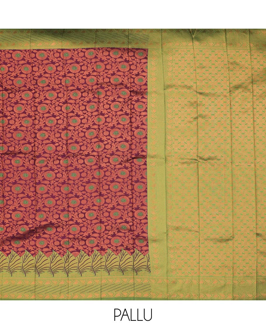 Maroon Semi banaras jute cotton saree features floral vine, contrast zari design border & pallu of intricate designs