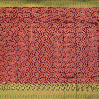 Maroon Semi banaras jute cotton saree features floral vine, contrast zari design border & pallu of intricate designs
