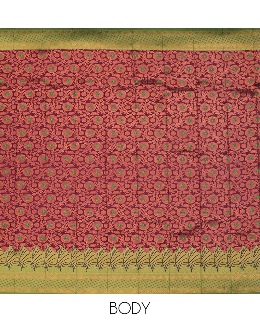Maroon Semi banaras jute cotton saree features floral vine, contrast zari design border & pallu of intricate designs