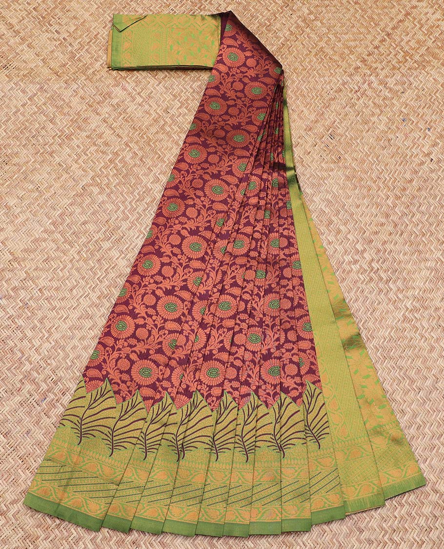 Maroon Semi banaras jute cotton saree features floral vine, contrast zari design border & pallu of intricate designs