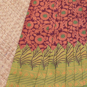 Maroon Semi banaras jute cotton saree features floral vine, contrast zari design border & pallu of intricate designs