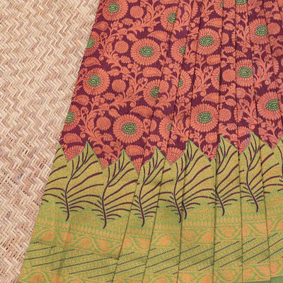 Maroon Semi banaras jute cotton saree features floral vine, contrast zari design border & pallu of intricate designs
