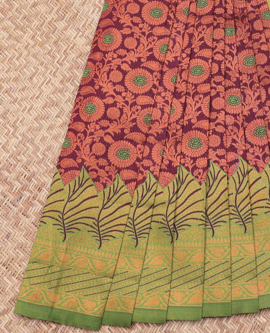Maroon Semi banaras jute cotton saree features floral vine, contrast zari design border & pallu of intricate designs