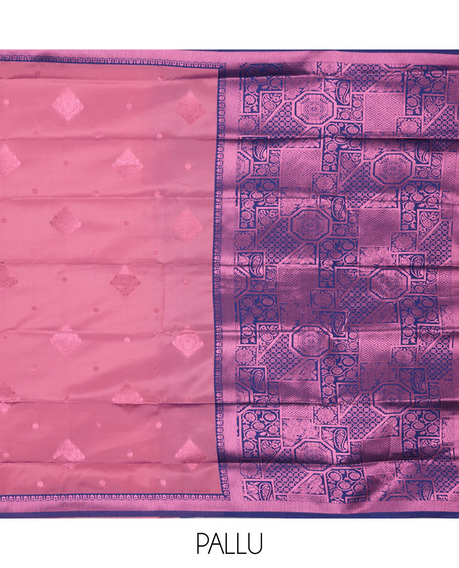 Pink butter silk with rose copper zari buttas, contrast zari border & pallu elevated with intricate zari designs