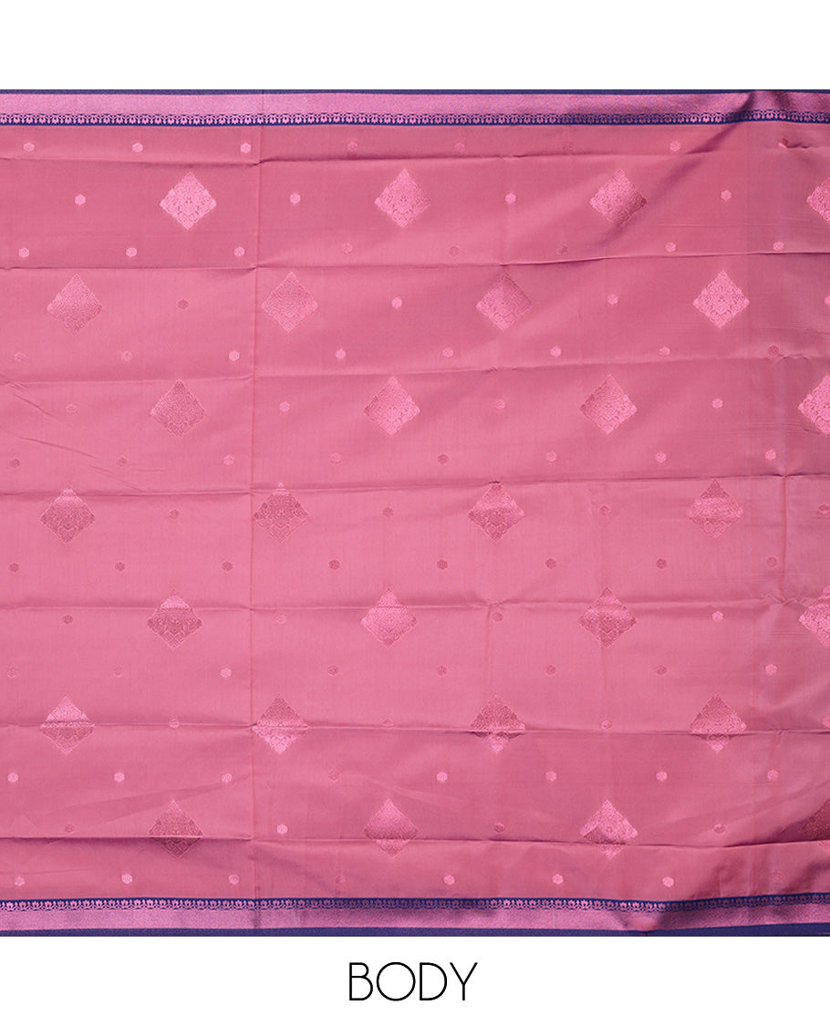 Pink butter silk with rose copper zari buttas, contrast zari border & pallu elevated with intricate zari designs