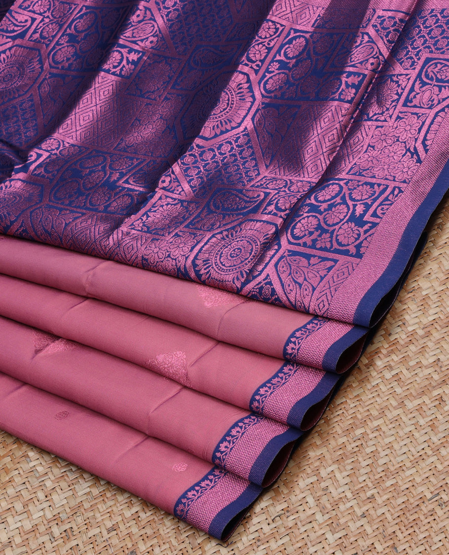 Pink butter silk with rose copper zari buttas, contrast zari border & pallu elevated with intricate zari designs