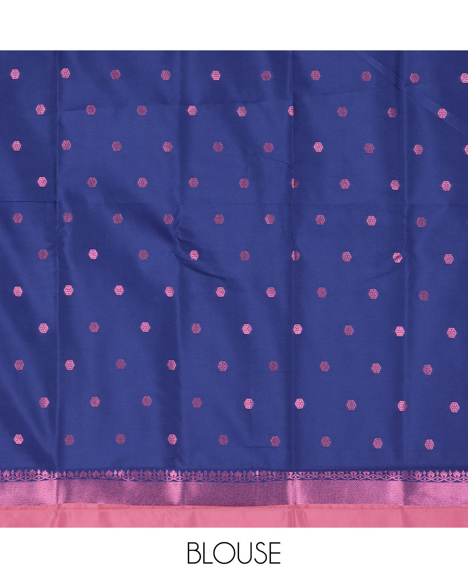 Pink butter silk with rose copper zari buttas, contrast zari border & pallu elevated with intricate zari designs