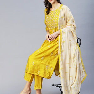 Ethnic Embroidered A-Line Kurta with Pant & Dupatta - Yellow