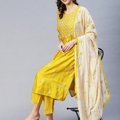 Ethnic Embroidered A-Line Kurta with Pant & Dupatta - Yellow