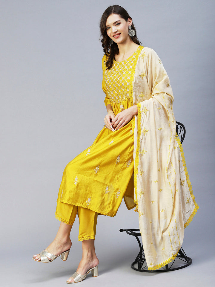 Ethnic Embroidered A-Line Kurta with Pant & Dupatta - Yellow