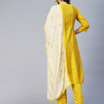 Ethnic Embroidered A-Line Kurta with Pant & Dupatta - Yellow