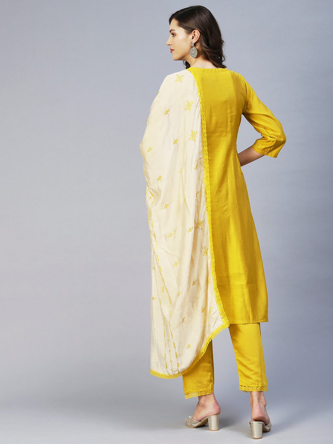 Ethnic Embroidered A-Line Kurta with Pant & Dupatta - Yellow