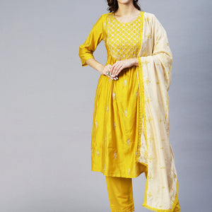 Ethnic Embroidered A-Line Kurta with Pant & Dupatta - Yellow