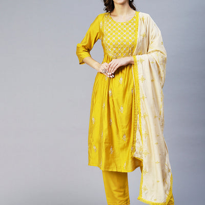 Ethnic Embroidered A-Line Kurta with Pant & Dupatta - Yellow