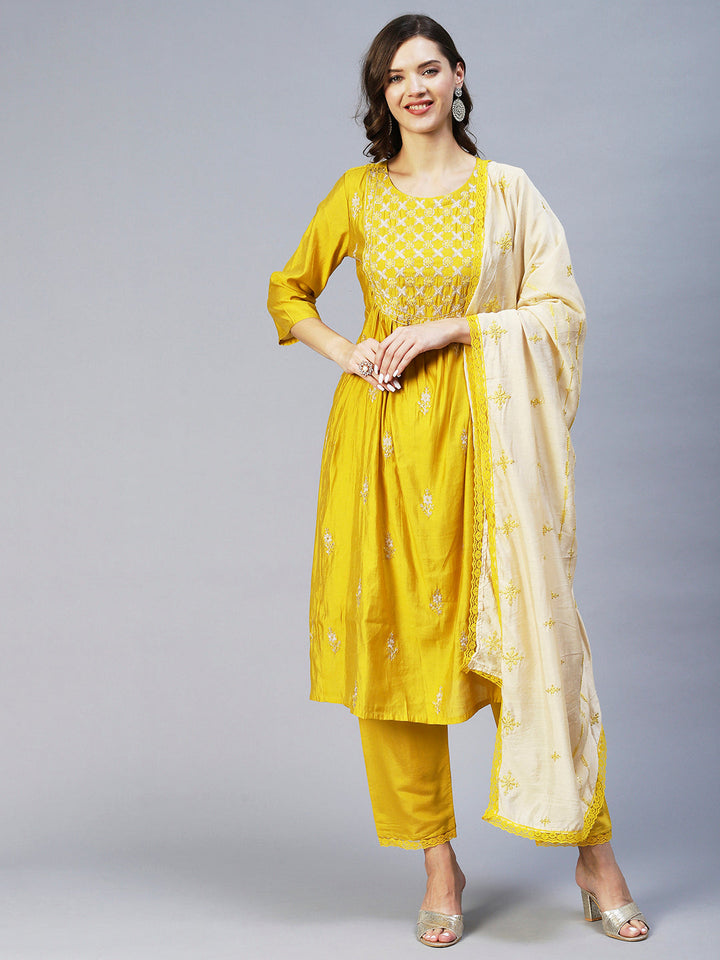 Ethnic Embroidered A-Line Kurta with Pant & Dupatta - Yellow