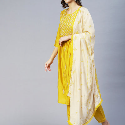 Ethnic Embroidered A-Line Kurta with Pant & Dupatta - Yellow