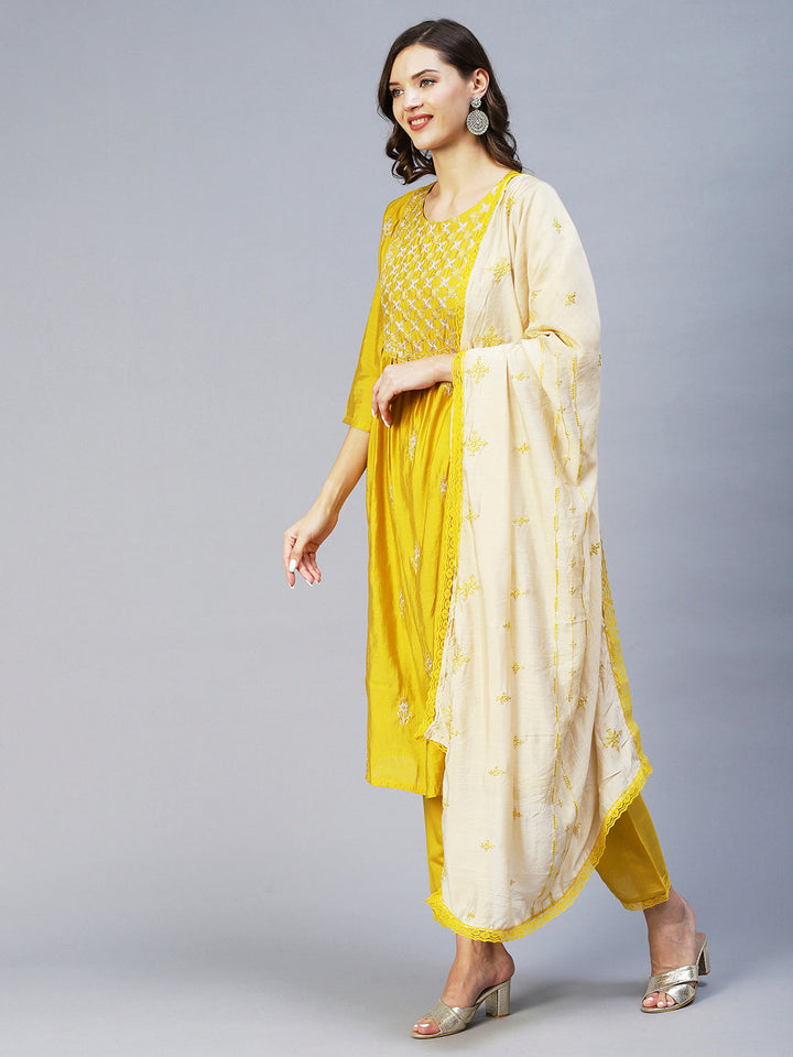 Ethnic Embroidered A-Line Kurta with Pant & Dupatta - Yellow