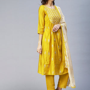 Ethnic Embroidered A-Line Kurta with Pant & Dupatta - Yellow