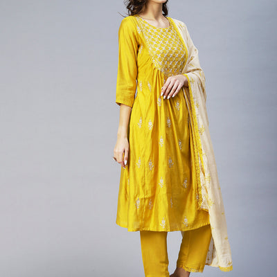 Ethnic Embroidered A-Line Kurta with Pant & Dupatta - Yellow
