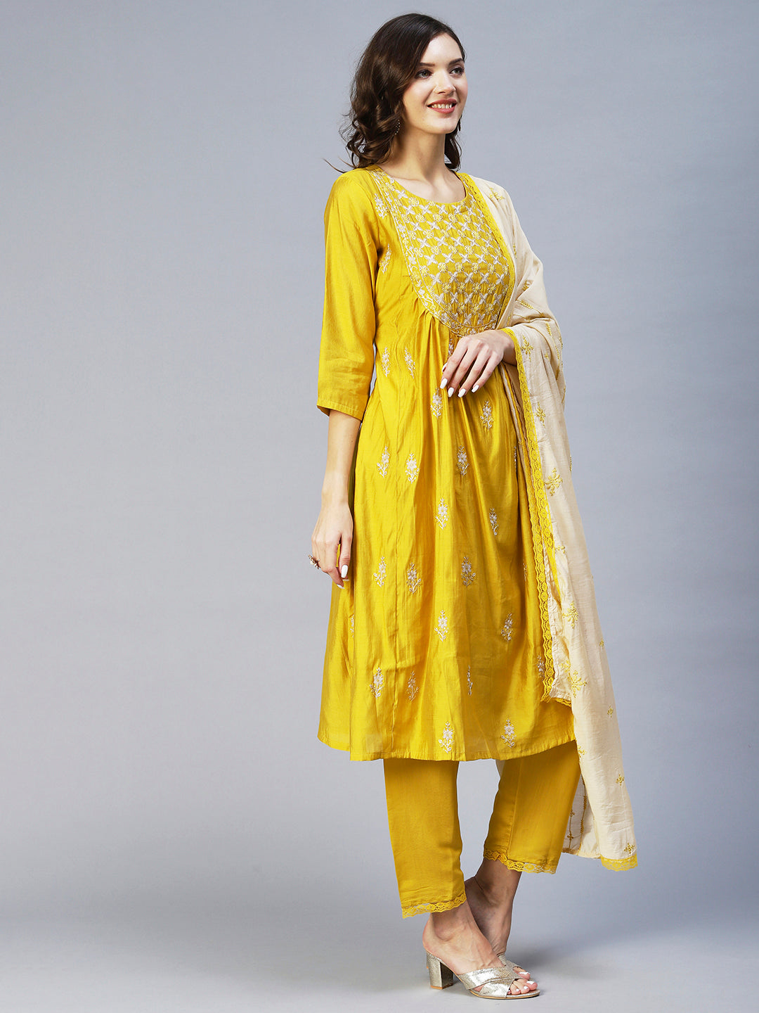 Ethnic Embroidered A-Line Kurta with Pant & Dupatta - Yellow