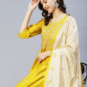 Ethnic Embroidered A-Line Kurta with Pant & Dupatta - Yellow