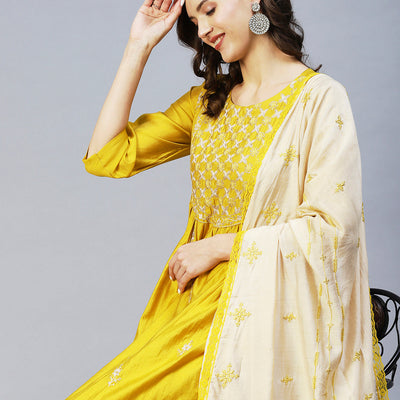 Ethnic Embroidered A-Line Kurta with Pant & Dupatta - Yellow