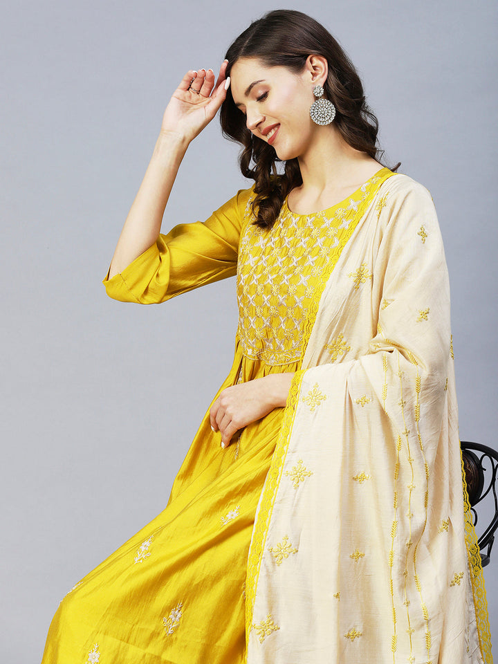 Ethnic Embroidered A-Line Kurta with Pant & Dupatta - Yellow