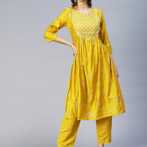 Ethnic Embroidered A-Line Kurta with Pant & Dupatta - Yellow
