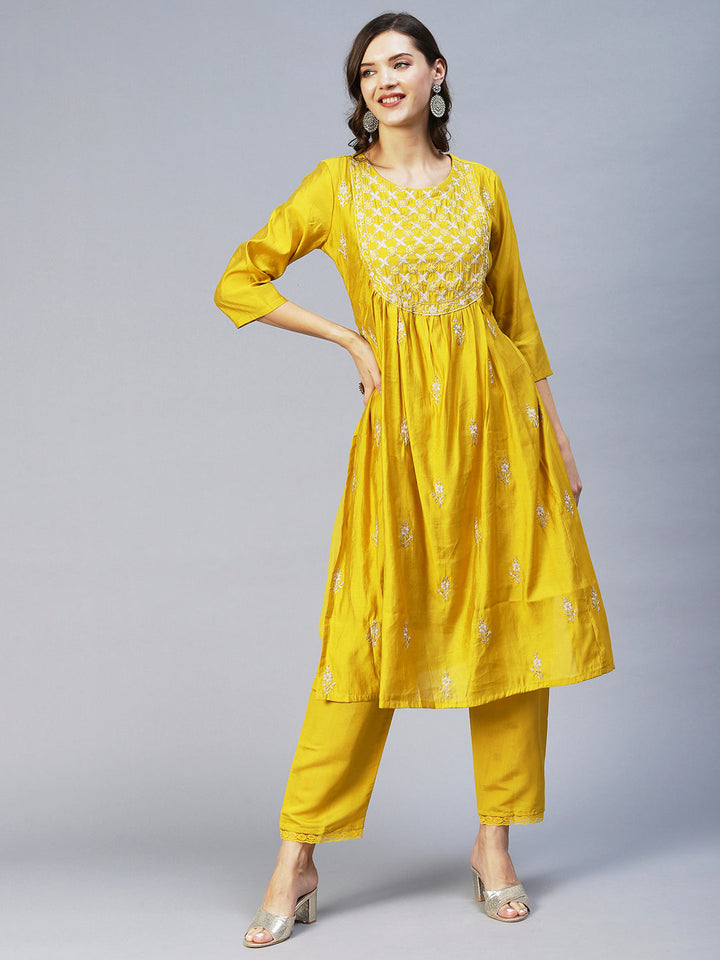 Ethnic Embroidered A-Line Kurta with Pant & Dupatta - Yellow