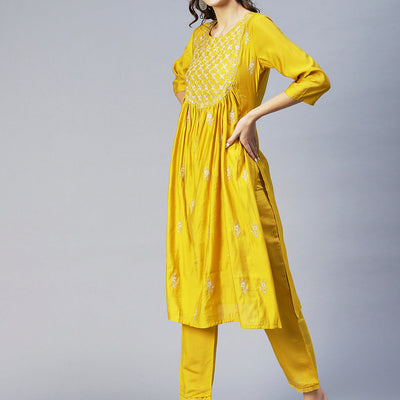 Ethnic Embroidered A-Line Kurta with Pant & Dupatta - Yellow