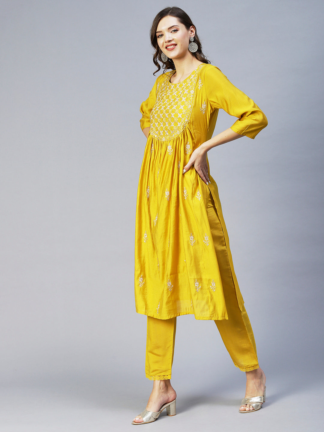 Ethnic Embroidered A-Line Kurta with Pant & Dupatta - Yellow