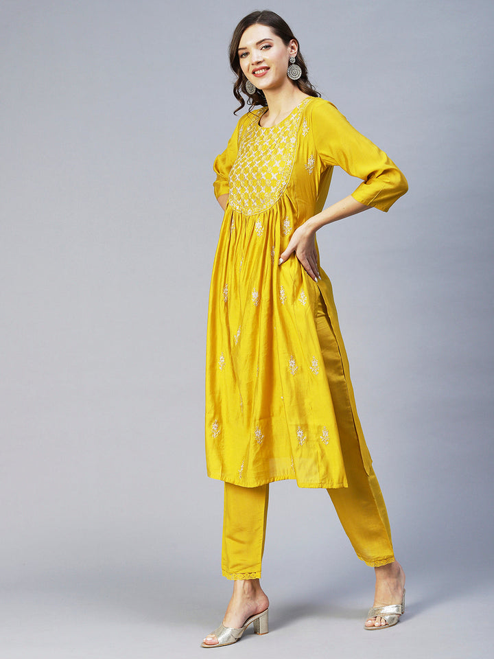 Ethnic Embroidered A-Line Kurta with Pant & Dupatta - Yellow