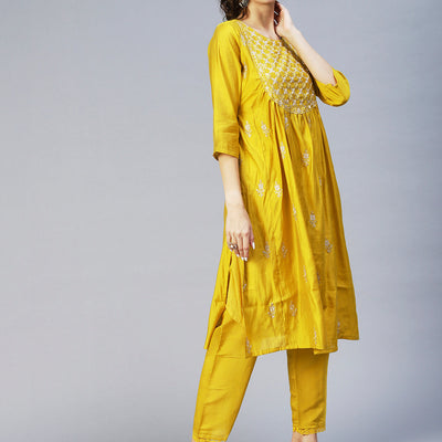 Ethnic Embroidered A-Line Kurta with Pant & Dupatta - Yellow
