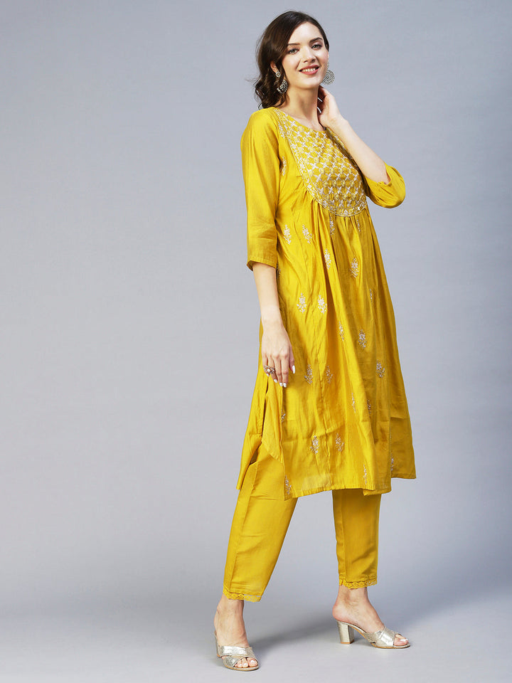 Ethnic Embroidered A-Line Kurta with Pant & Dupatta - Yellow