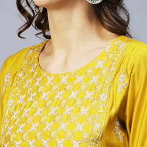 Ethnic Embroidered A-Line Kurta with Pant & Dupatta - Yellow