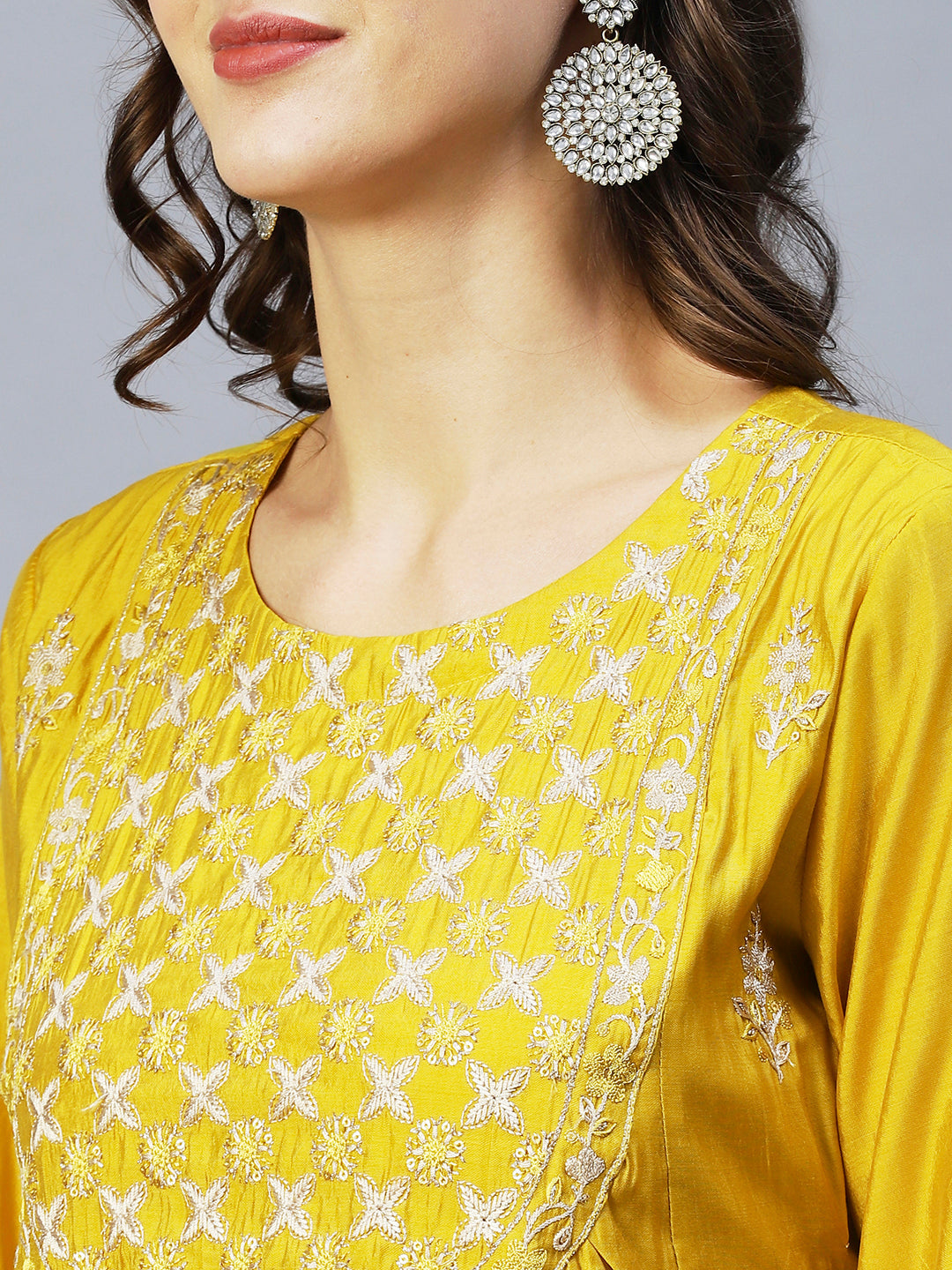 Ethnic Embroidered A-Line Kurta with Pant & Dupatta - Yellow