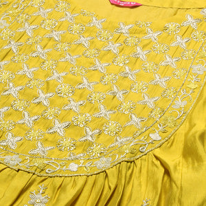 Ethnic Embroidered A-Line Kurta with Pant & Dupatta - Yellow