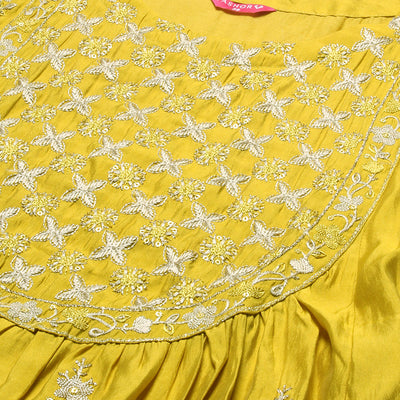 Ethnic Embroidered A-Line Kurta with Pant & Dupatta - Yellow