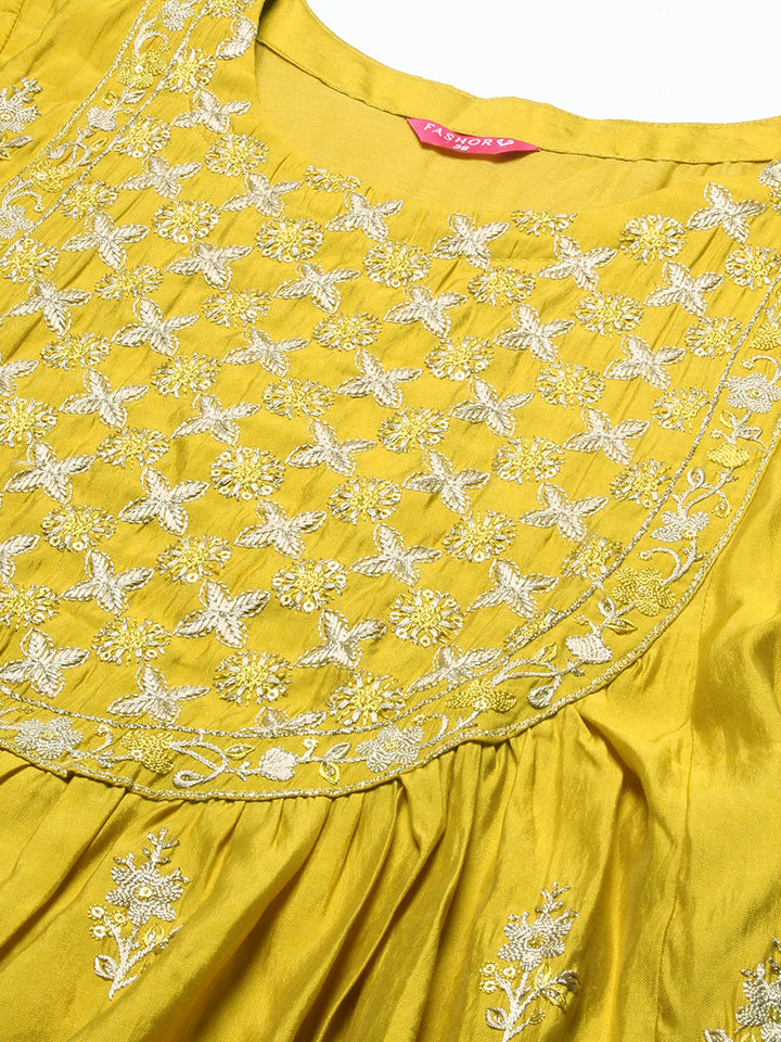 Ethnic Embroidered A-Line Kurta with Pant & Dupatta - Yellow