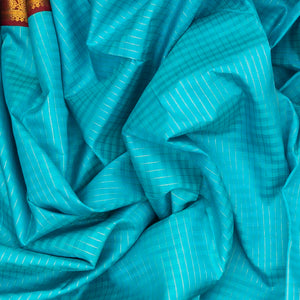Sky Blue Handloom Kanchipuram Korvai Silk Saree With Checks