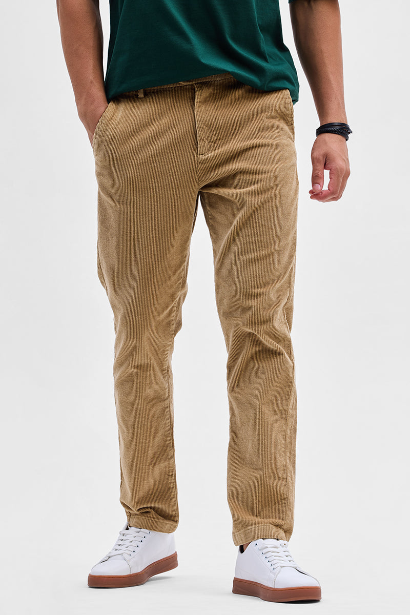 Beige Corduroy Slim Fit Trousers