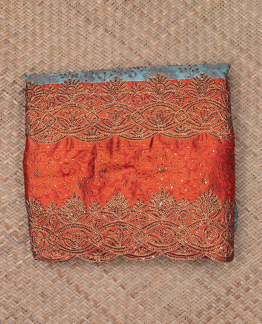 Green floral jacquard & stone embroidery silksaree,contrast zari & stonework scallop border & intricate pallu