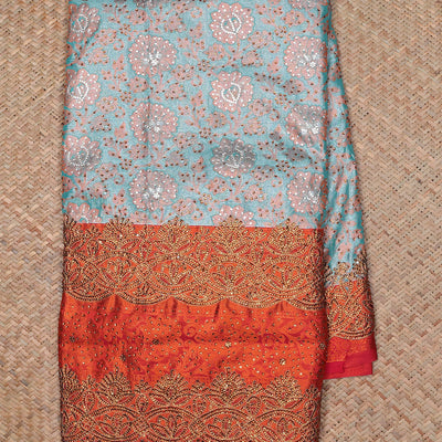 Green floral jacquard & stone embroidery silksaree,contrast zari & stonework scallop border & intricate pallu
