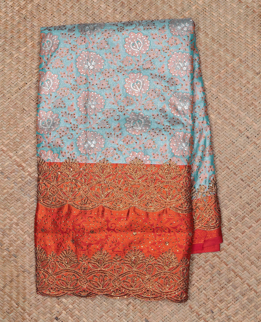 Green floral jacquard & stone embroidery silksaree,contrast zari & stonework scallop border & intricate pallu