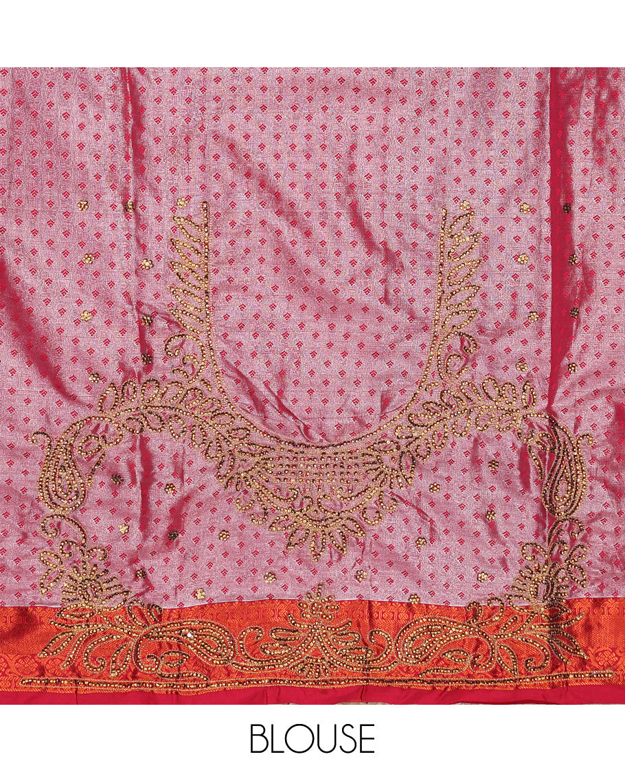 Green floral jacquard & stone embroidery silksaree,contrast zari & stonework scallop border & intricate pallu