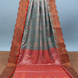 Green floral jacquard & stone embroidery silksaree,contrast zari & stonework scallop border & intricate pallu