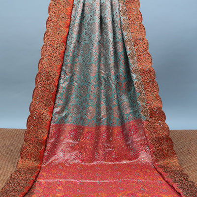 Green floral jacquard & stone embroidery silksaree,contrast zari & stonework scallop border & intricate pallu